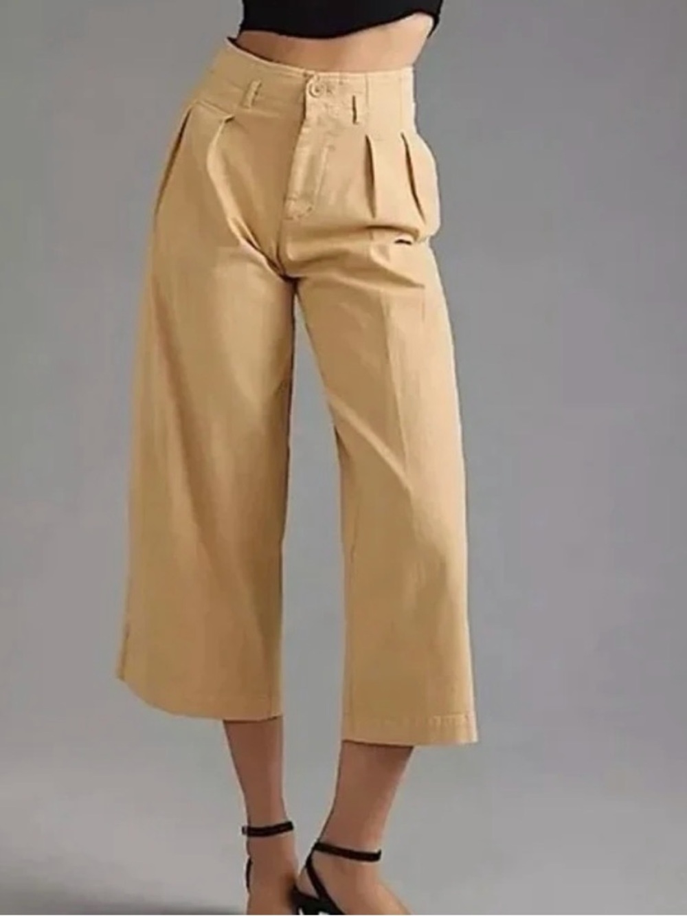 Maeve Anthropologie Remi Pleated High Rise Wide Leg Cropped Pants Tan Khaki